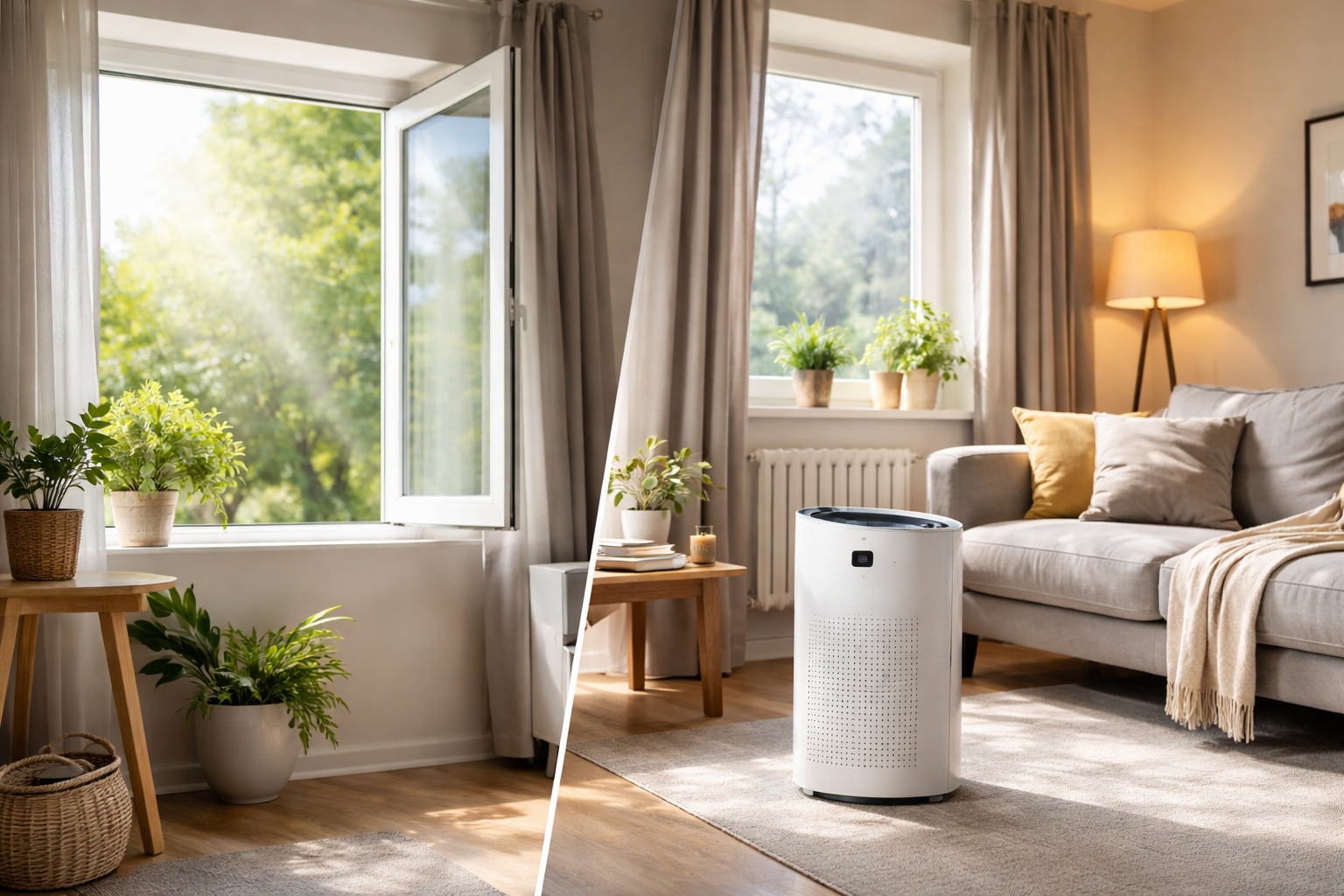 Air purifiers vs ventilation in a modern UK living room with open window and air purifier