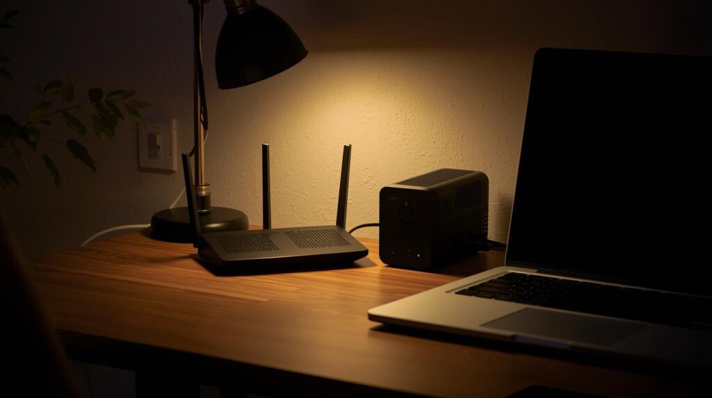 Backup battery UPS keeping router and home office online during power cut