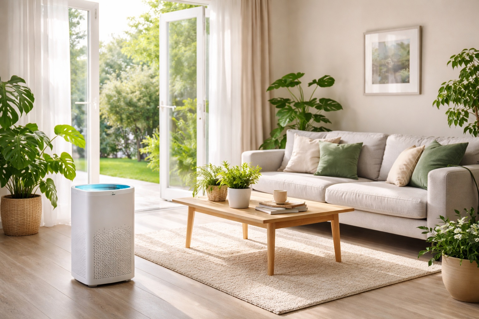Bright UK living room with open patio doors, indoor plants, and a modern air purifier creating a fresh, natural home air quality environment.