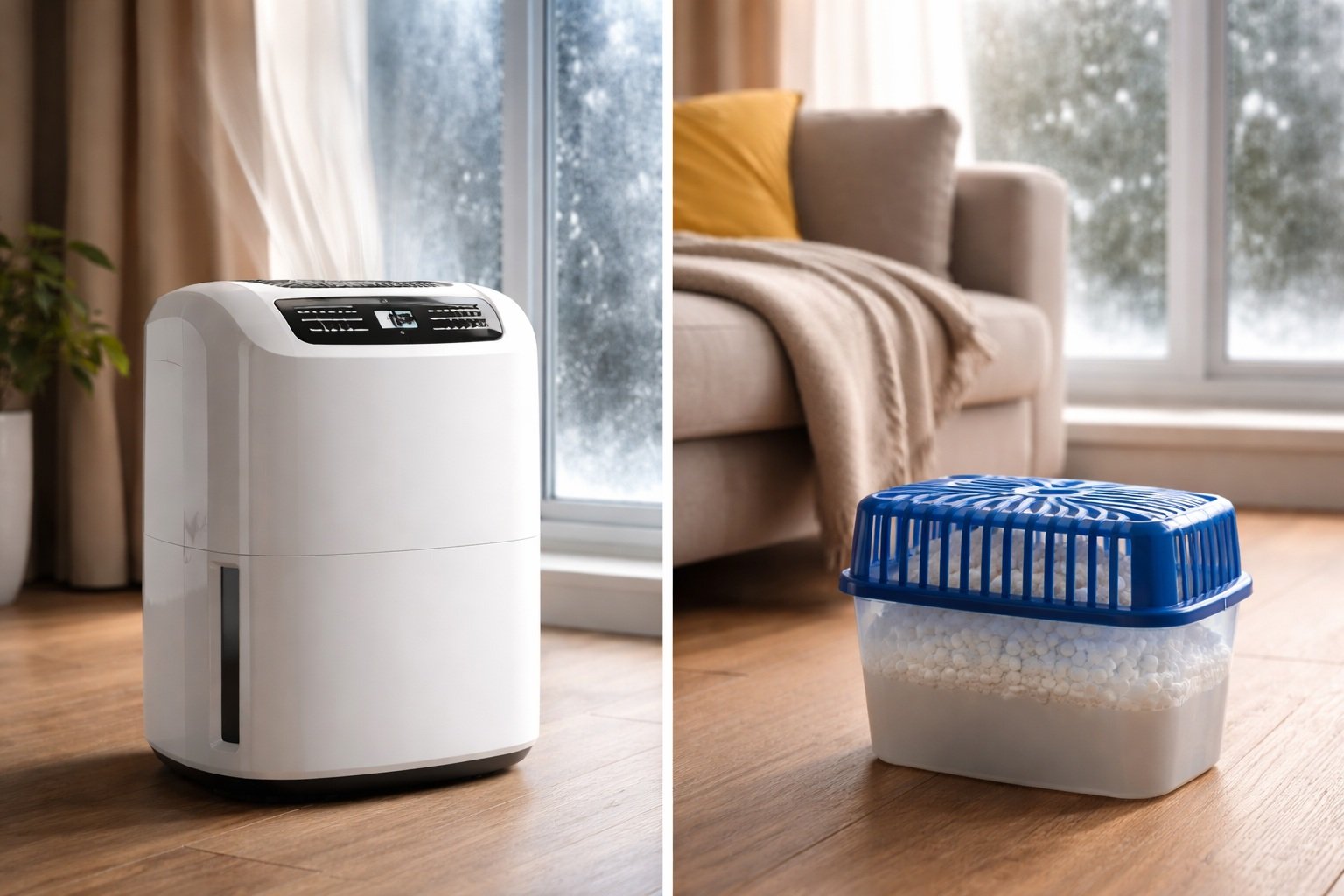Dehumidifier and moisture absorber side-by-side in a UK living room with window condensation, showing active vs passive moisture control.