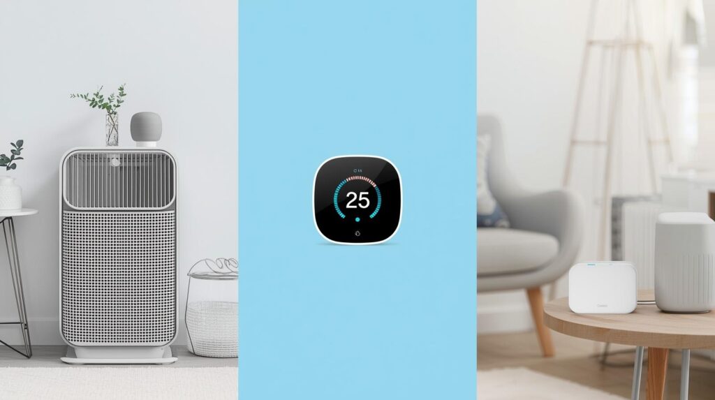 Different types of home air quality devices including air purifiers, monitors and sensors