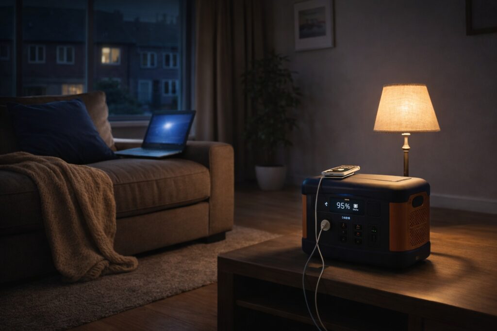 Emergency power setup in a UK living room during a power cut, with a portable power station powering a lamp, laptop and phone
