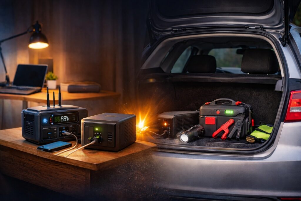 Emergency power solutions in the UK showing a home office backup setup and vehicle emergency power equipment during a power cut