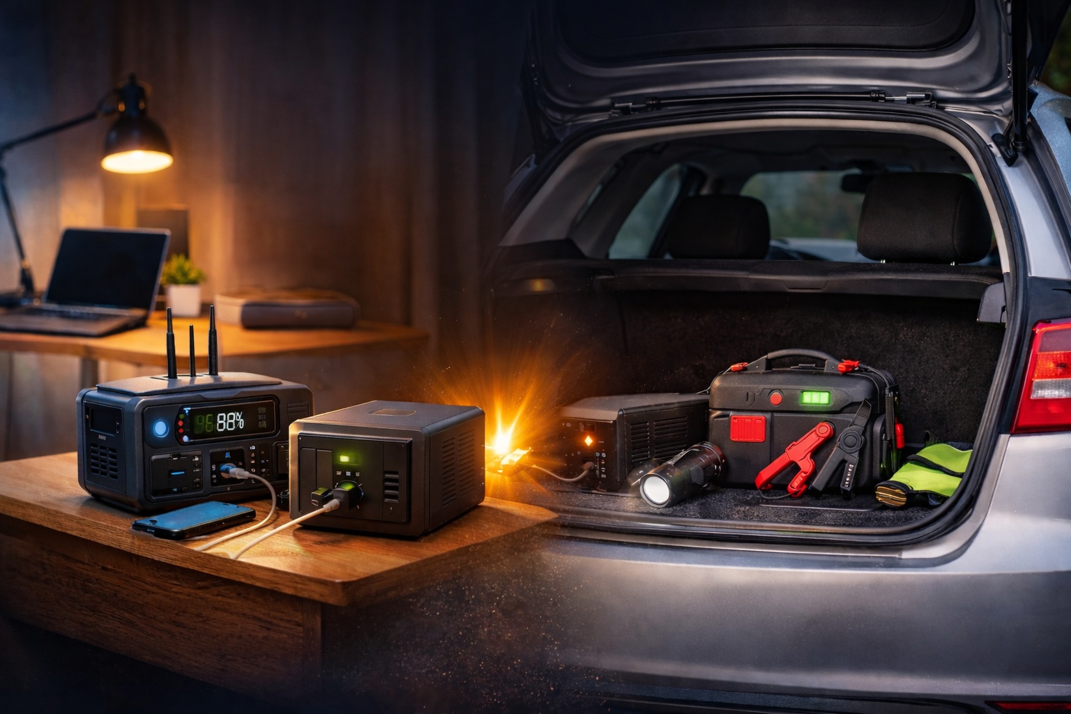 Emergency power solutions in the UK showing a home office backup setup and vehicle emergency power equipment during a power cut