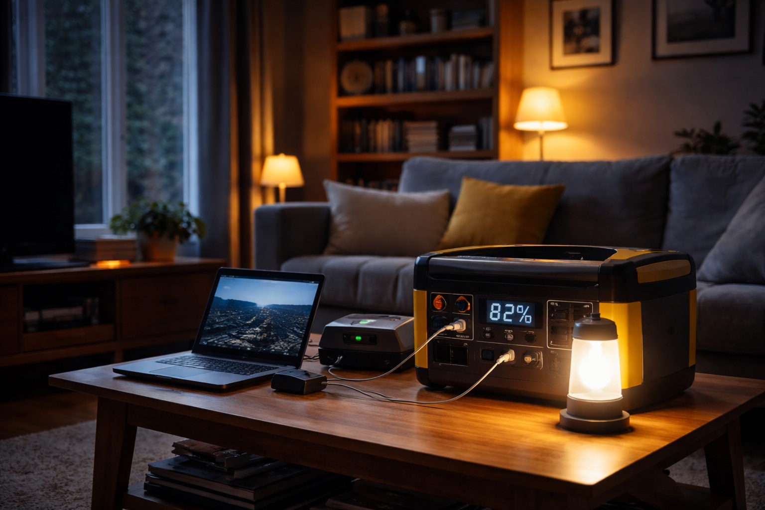 Emergency power station powering laptop, Wi-Fi router and lighting in a UK living room during a power cut