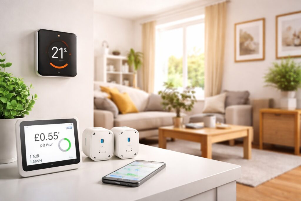 Modern UK living room showcasing smart home energy efficiency with a wall-mounted smart thermostat, energy monitor, smart plugs and a smartphone app used to control household energy usage.