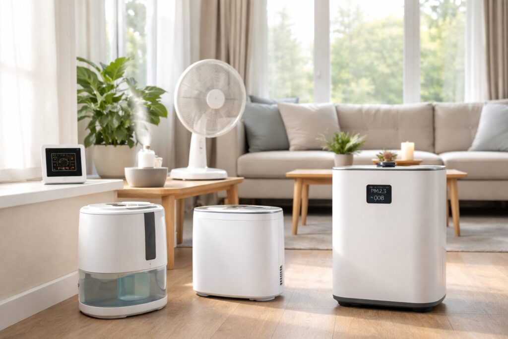 Modern UK living room with air purifier, dehumidifier, humidifier and ventilation fan demonstrating common home air quality solutions