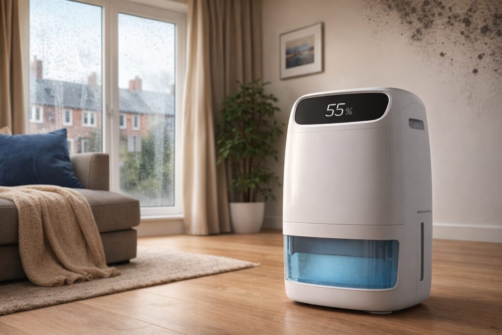 Modern dehumidifier operating in a UK living room, reducing indoor humidity and condensation near a window