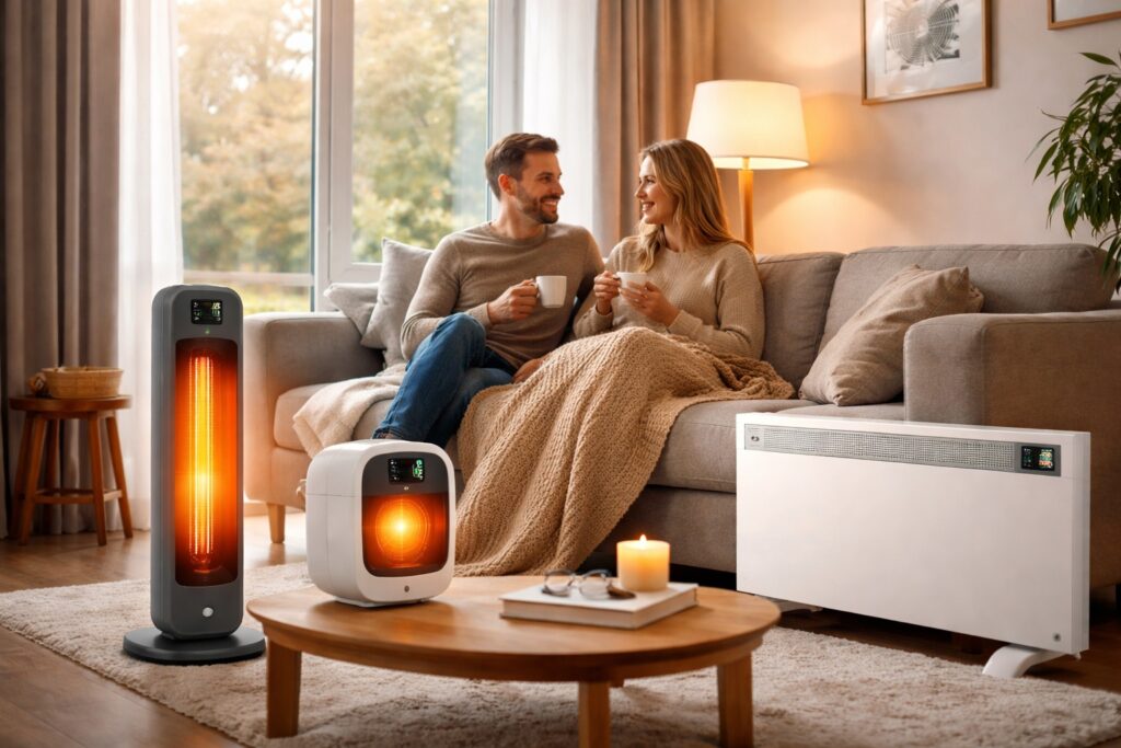 Modern living room with different types of electric heaters, including a portable fan heater, panel heater and oil-filled radiator, used for home heating solutions