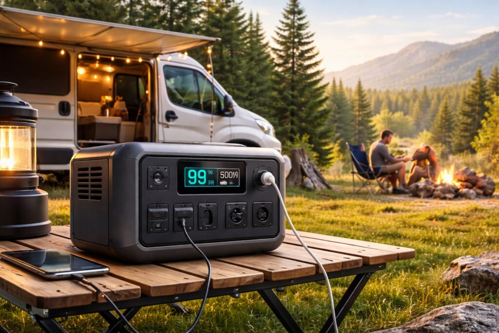 Portable power station providing off-grid electricity at a campsite in the UK