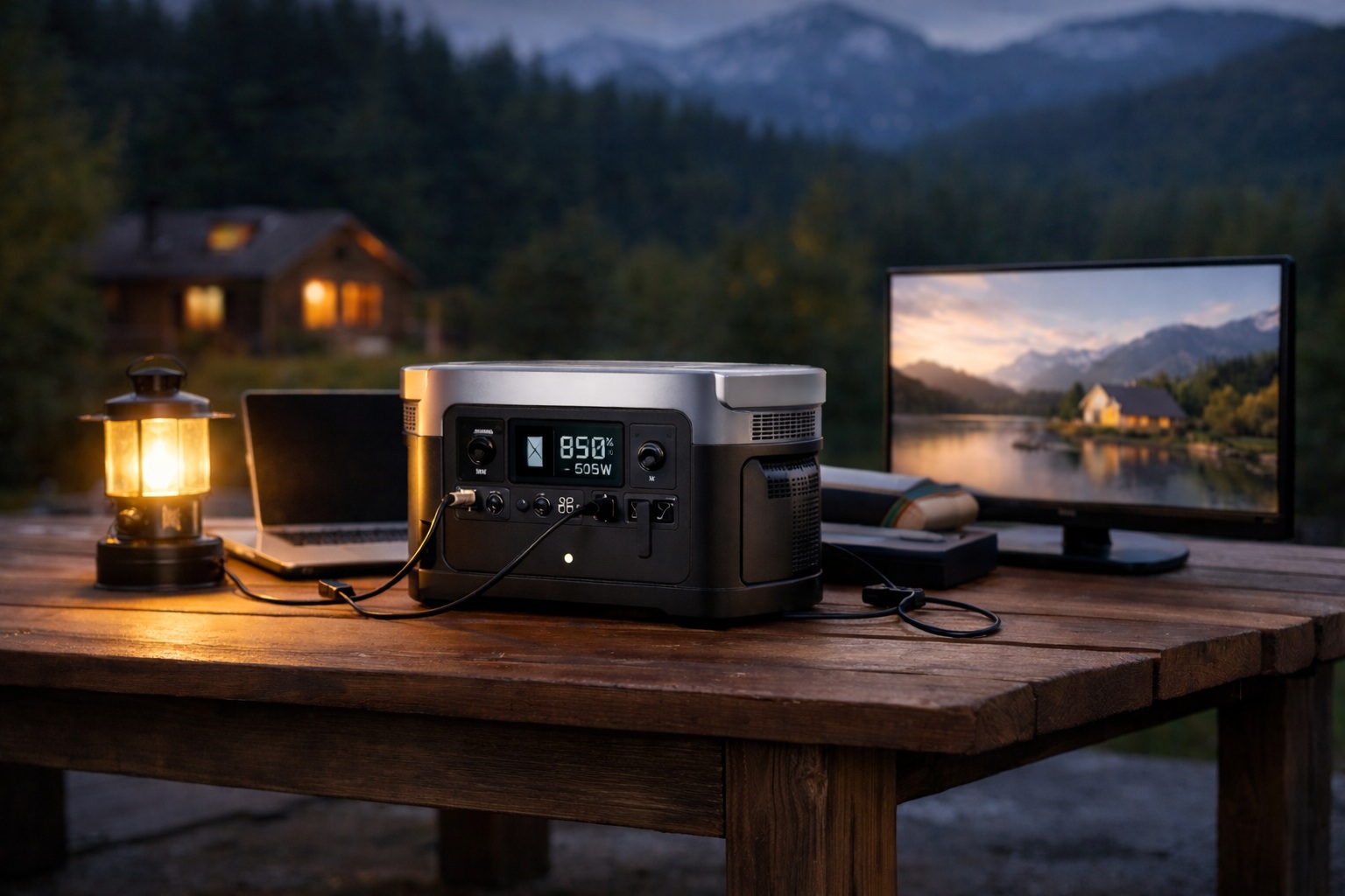 Portable power station supplying electricity to household devices during an outdoor evening setup, illustrating off-grid power use and home backup scenarios
