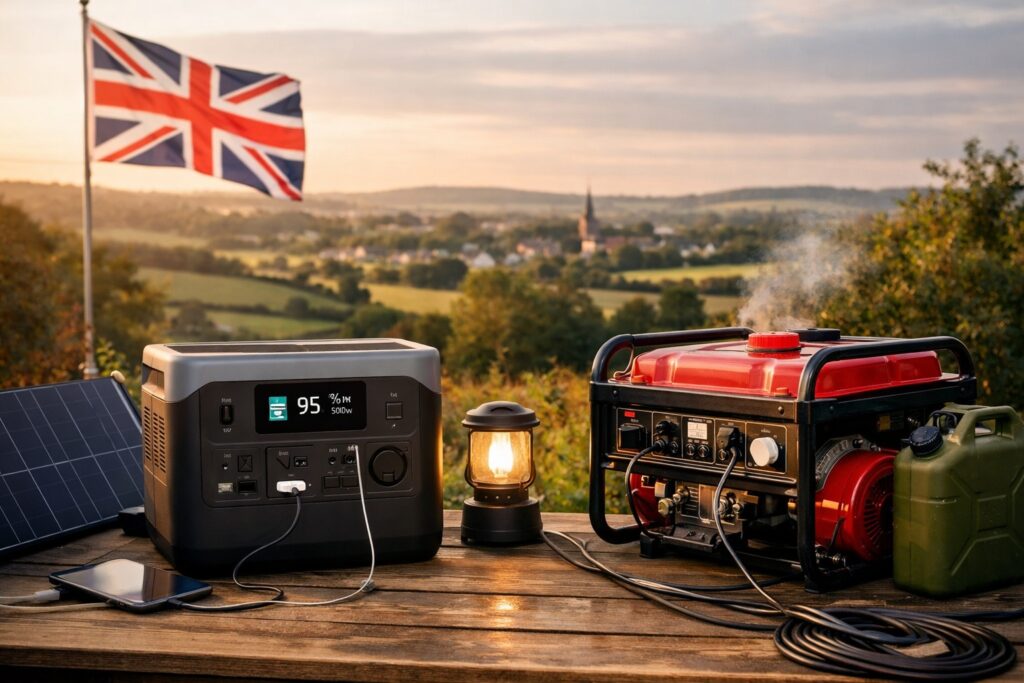 Portable power station vs traditional generator in the UK – silent battery power with solar panel compared to fuel generator for home backup and off-grid use