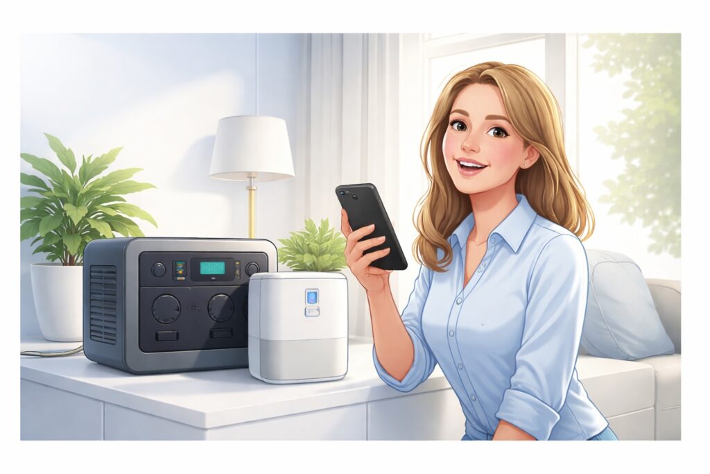 Smart home buying guide concept showing practical household devices in use