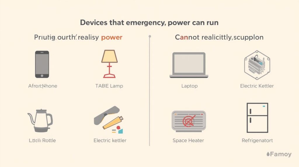 What emergency power devices can and cannot run during a power cut