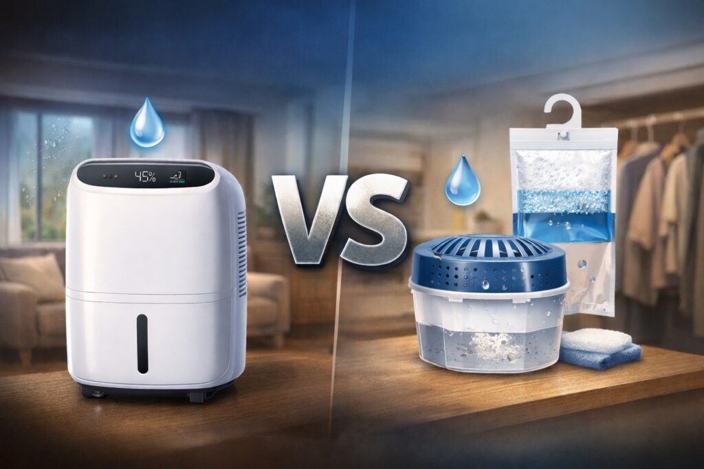 dehumidifiers vs moisture absorbers comparison in a UK home environment