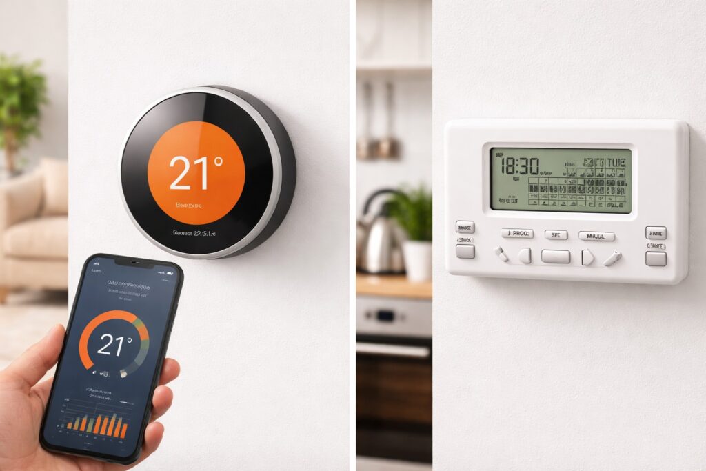 smart thermostat and traditional heating controller comparison in a UK home