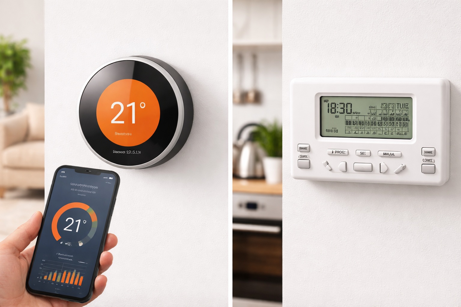 smart thermostat and traditional heating controller comparison in a UK home