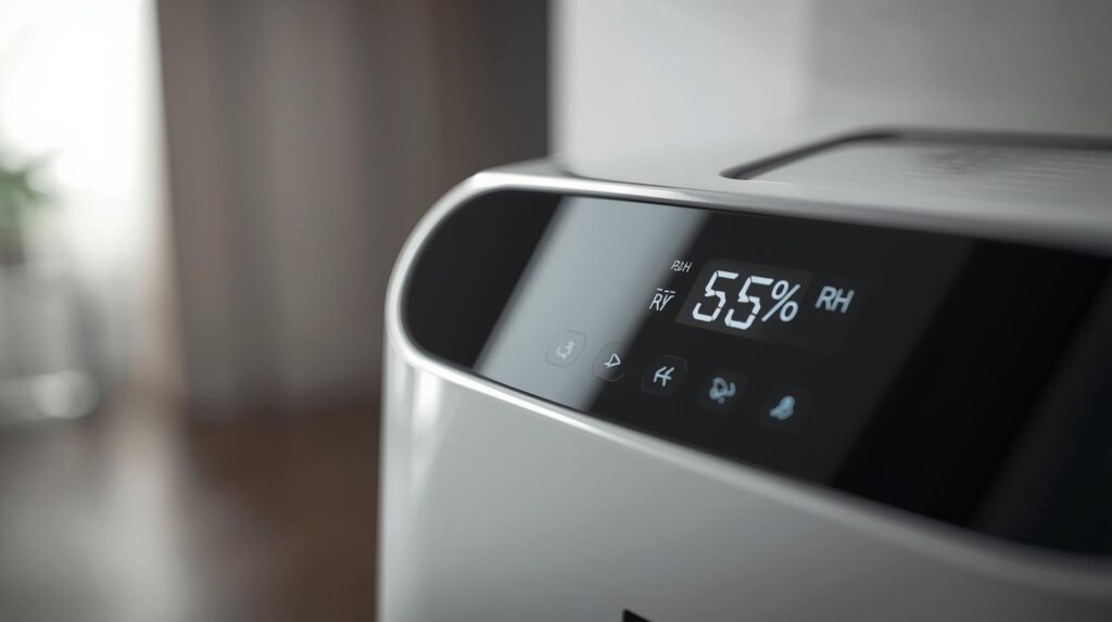 digital control panel on a modern 10 litre dehumidifier in a UK home