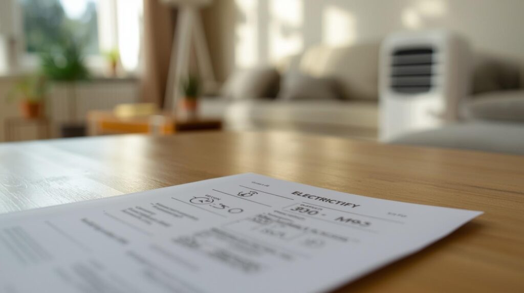 electricity bill and low energy dehumidifier in UK home showing running costs