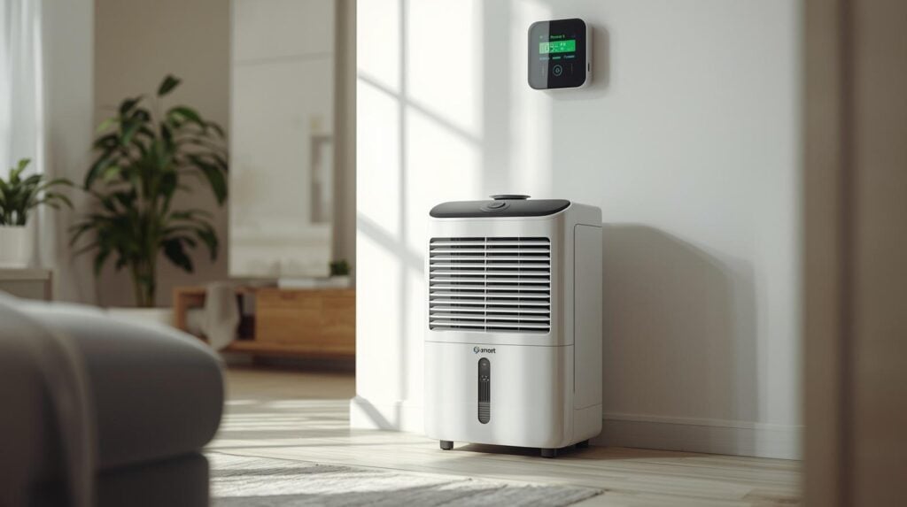 energy efficient dehumidifier with smart meter showing electricity usage in UK home