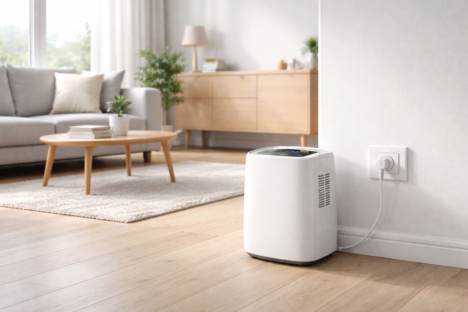 low energy dehumidifier in a UK living room showing energy efficient home humidity control
