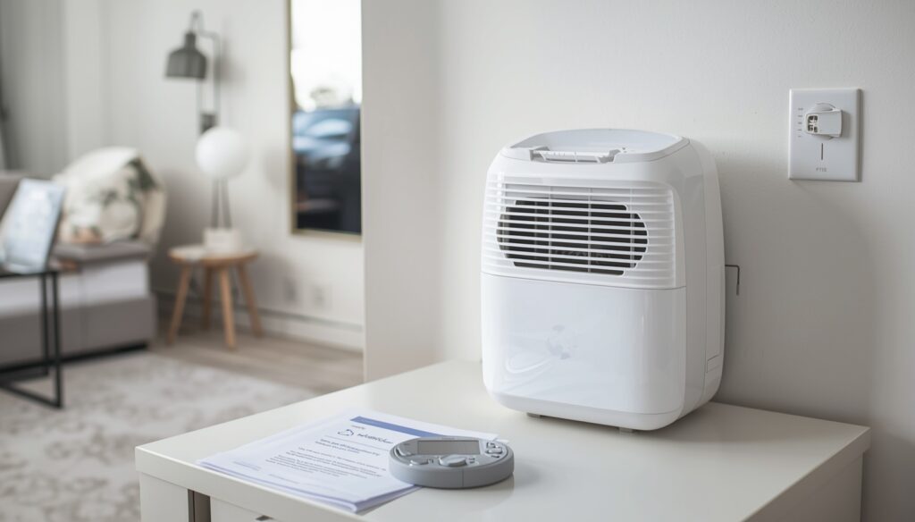 budget dehumidifier plugged into wall socket in UK home showing energy efficiency and running cost