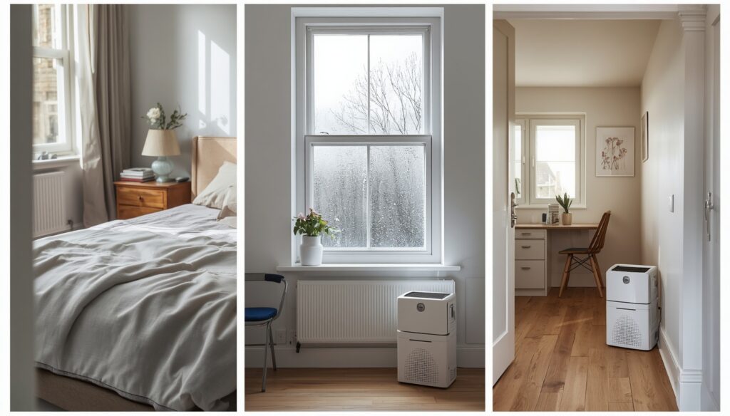 budget dehumidifiers used in different rooms in UK home for condensation and damp control
