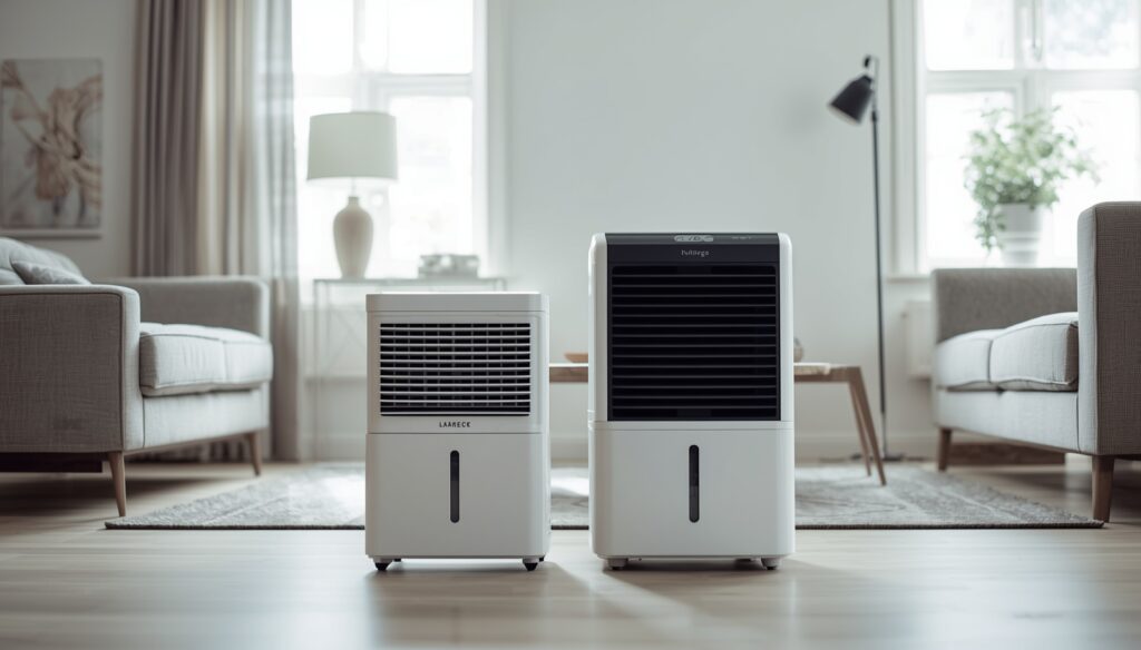 budget vs premium dehumidifier comparison in UK home showing size and design differences