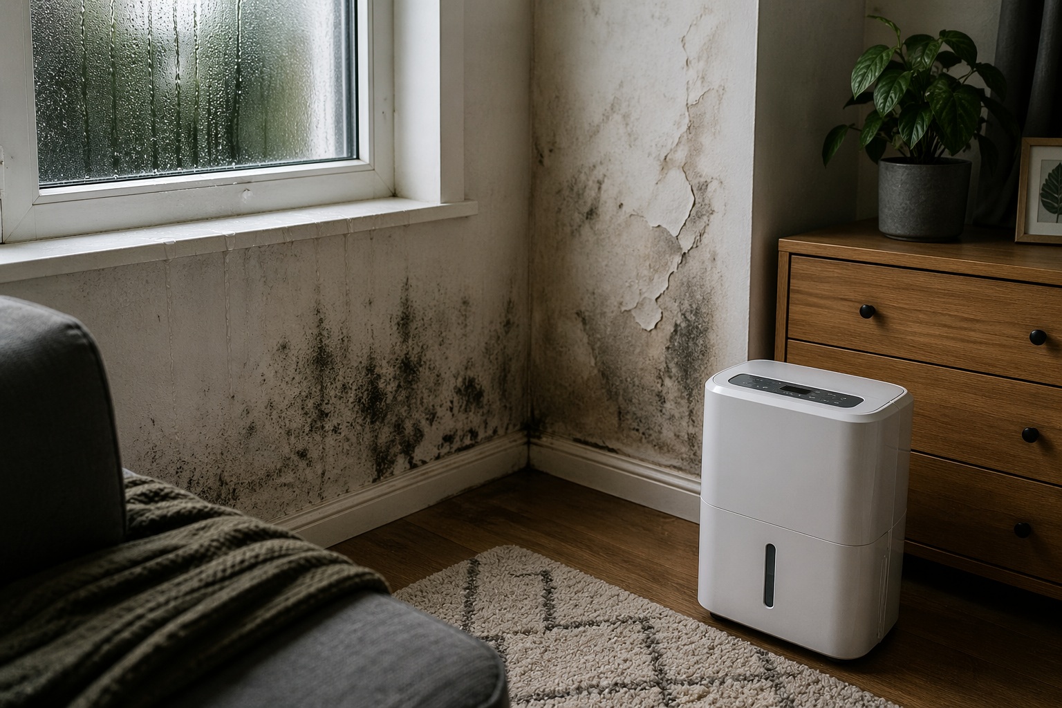 condensation on window and mould on wall in UK room with dehumidifier removing moisture