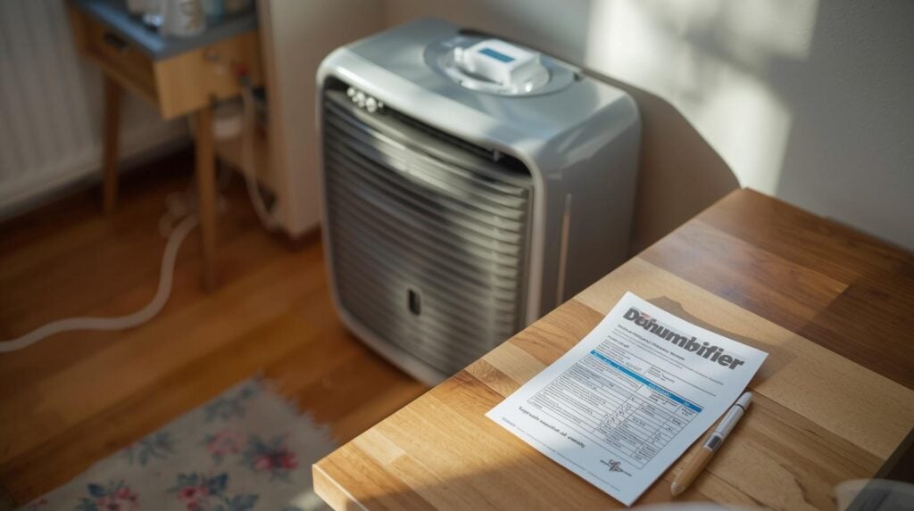dehumidifier in UK home with electricity bill showing running cost concept