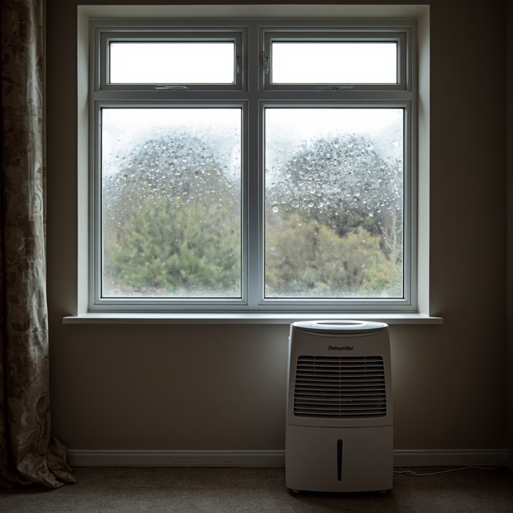 dehumidifier reducing window condensation in UK home
