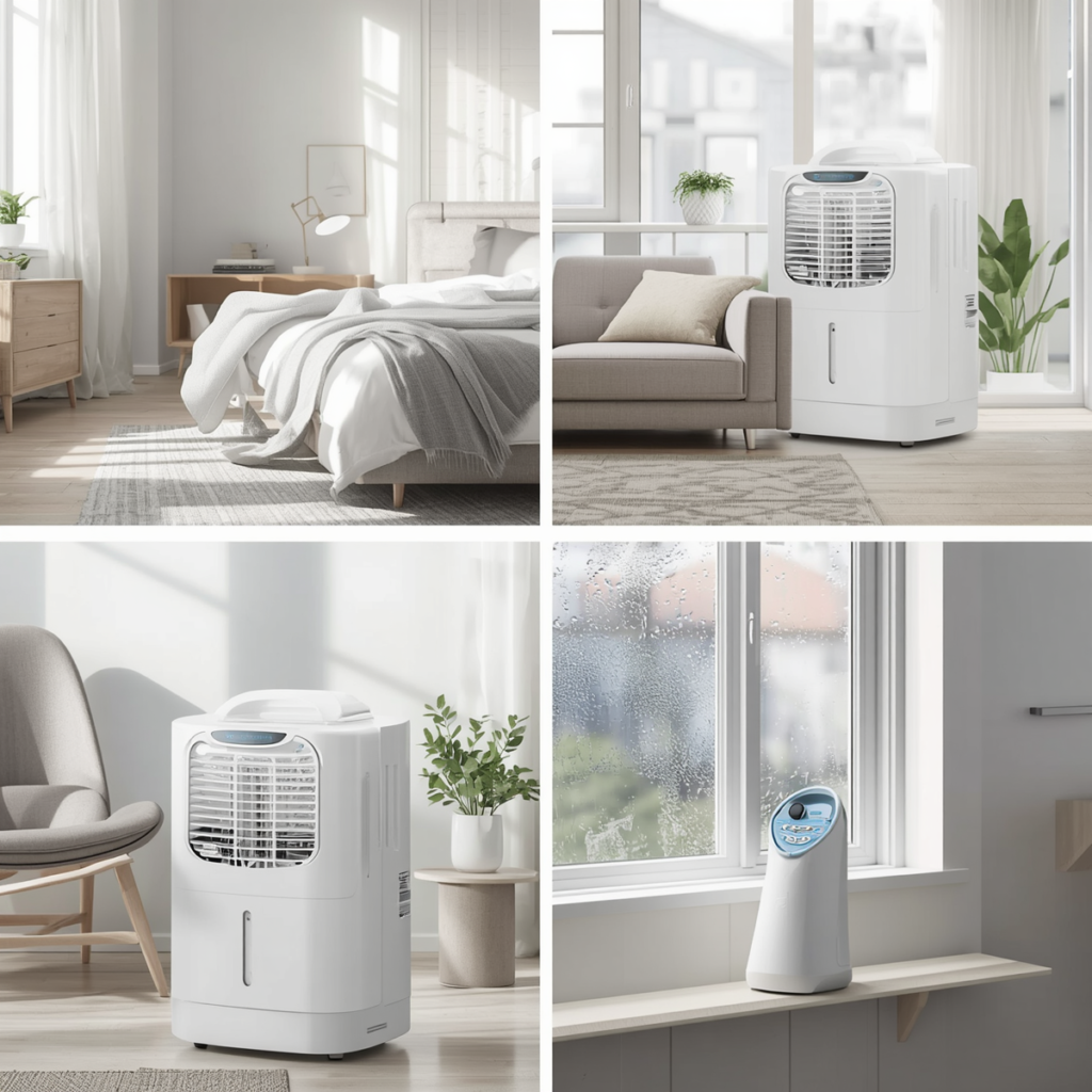 dehumidifier used in different rooms to reduce condensation in UK home