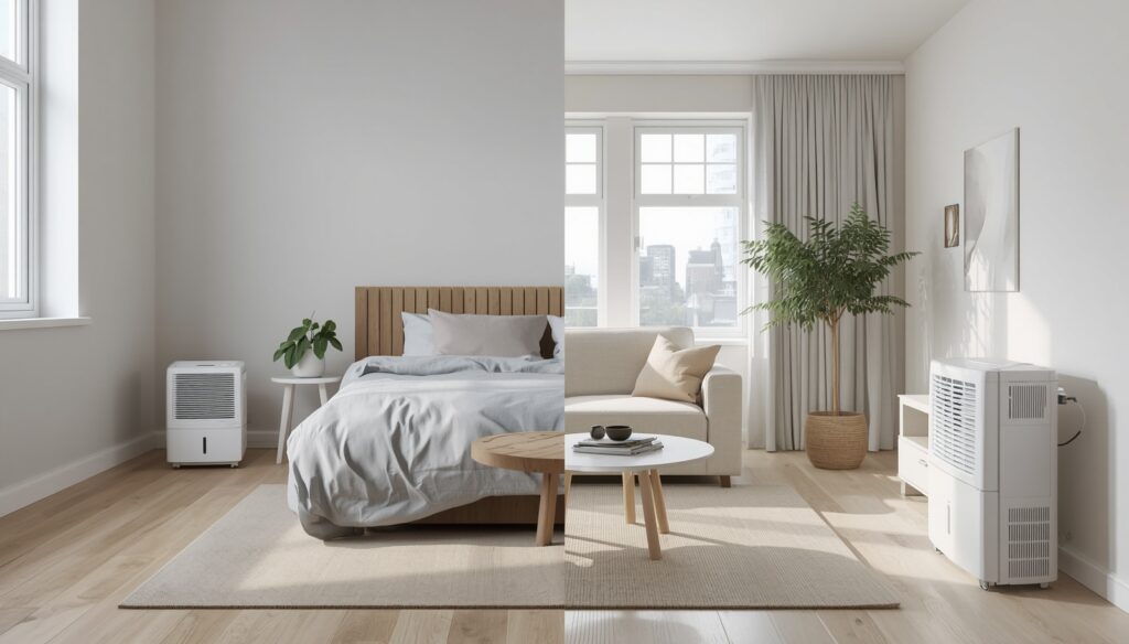 different size dehumidifiers used in bedroom and living room for moisture control in UK home