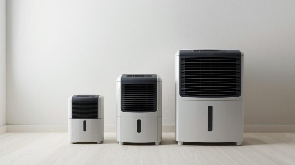 different sizes of dehumidifiers showing 10L 12L and 20L models in UK home