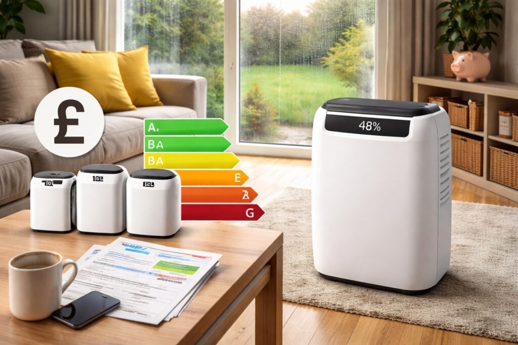 modern UK living room with a dehumidifier near a window, energy cost concept with electricity bills and different unit sizes displayed