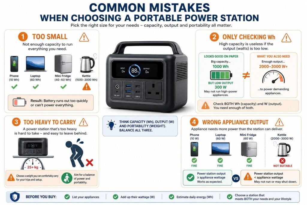 Common portable power station sizing mistakes including buying too small, checking only Wh and ignoring appliance output.