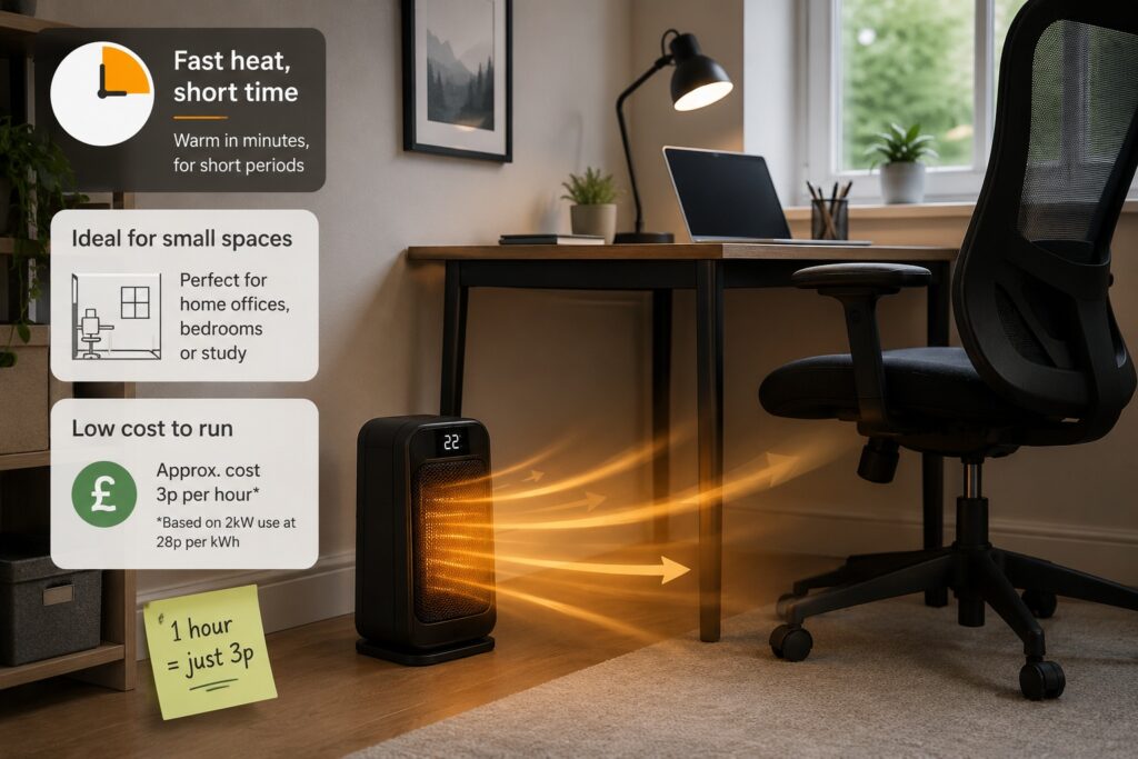 Compact electric heater providing quick short-term warmth in a small UK home office or bedroom.