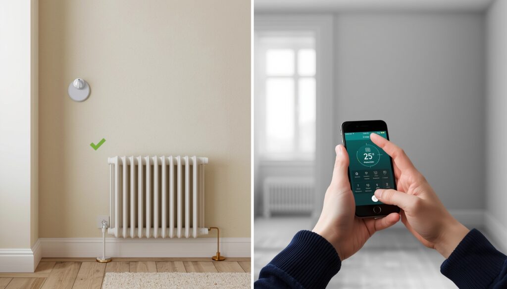 Comparison between manual heating controls and a smart thermostat in a UK home.