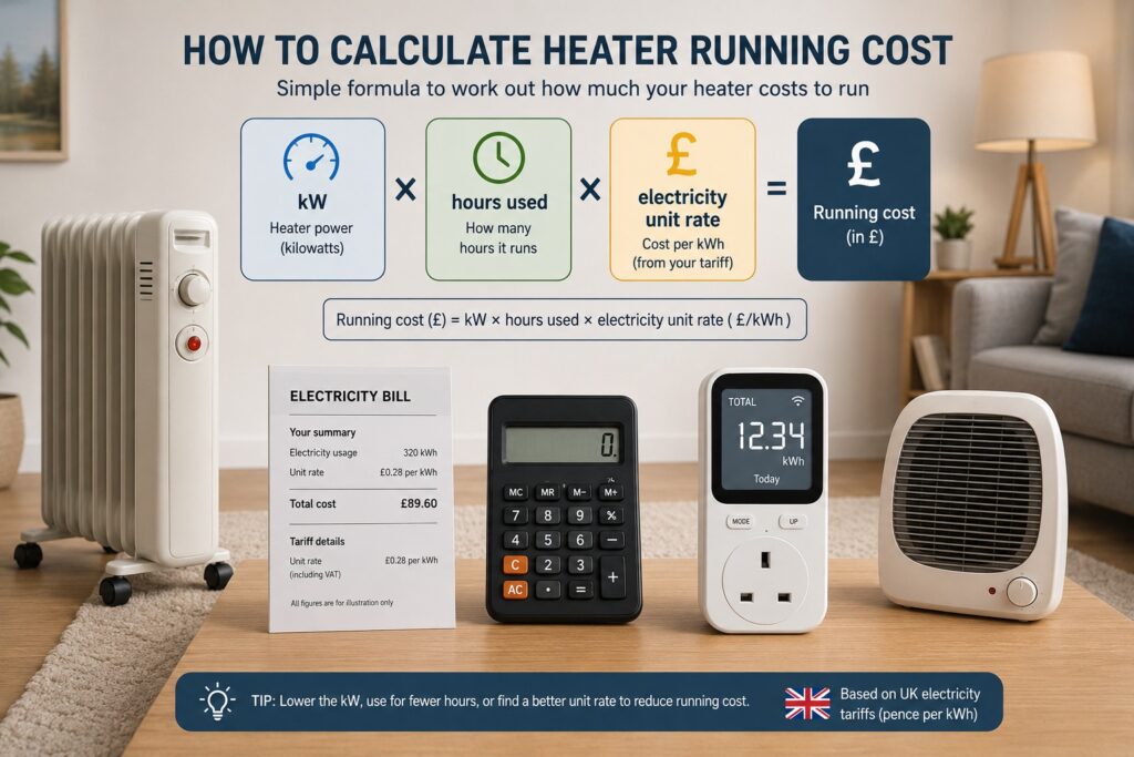 Heater running cost calculation showing wattage, hours used, electricity unit rate and kWh usage.