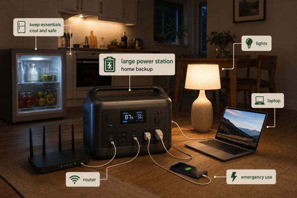 Large portable power station providing UK home backup for a router, lights, laptop and essential devices during a power cut.