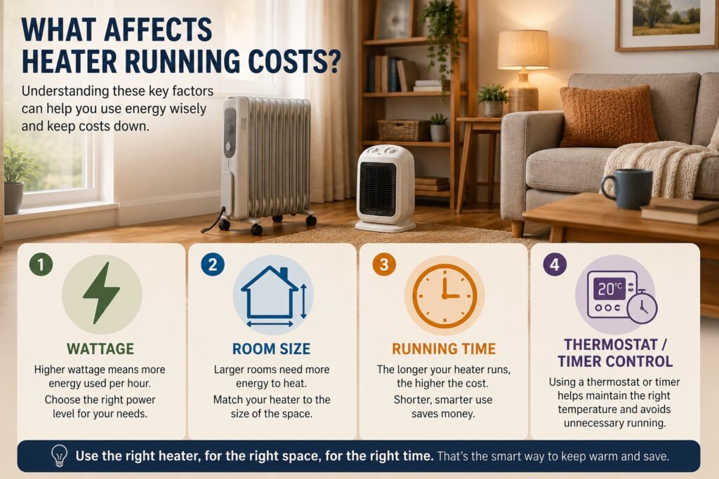 Main factors affecting heater running costs including wattage, room size, running time and thermostat control.