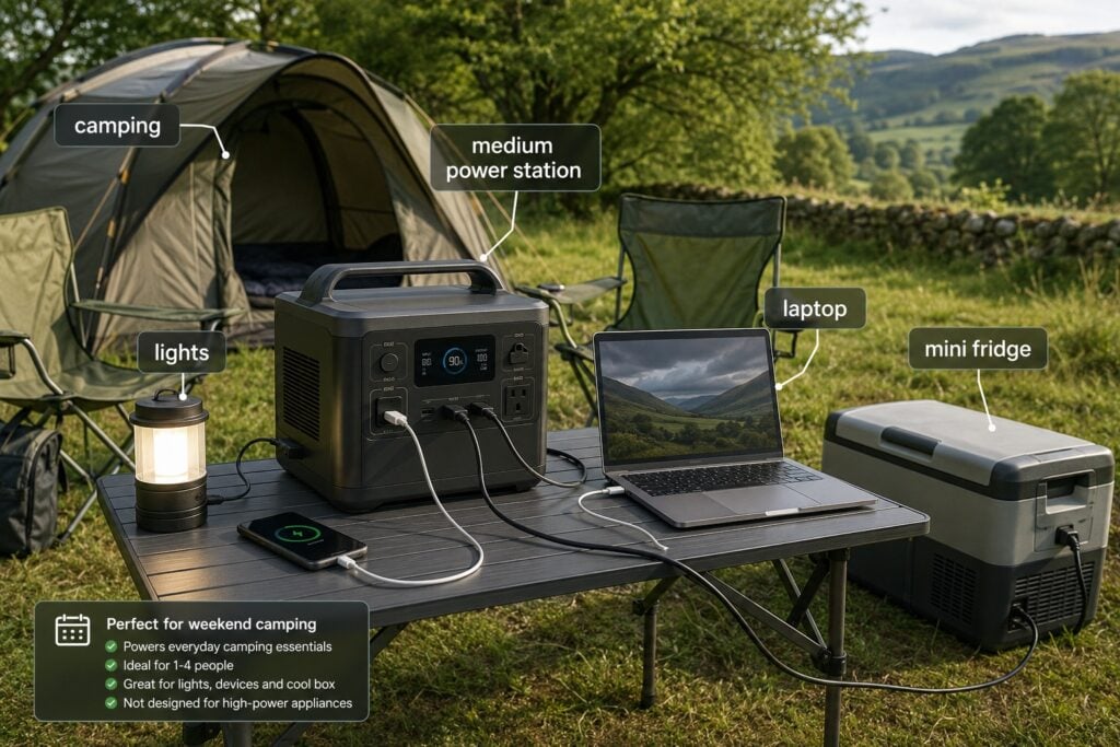 Medium portable power station powering camping lights, a laptop, phone and mini fridge during a UK camping trip.
