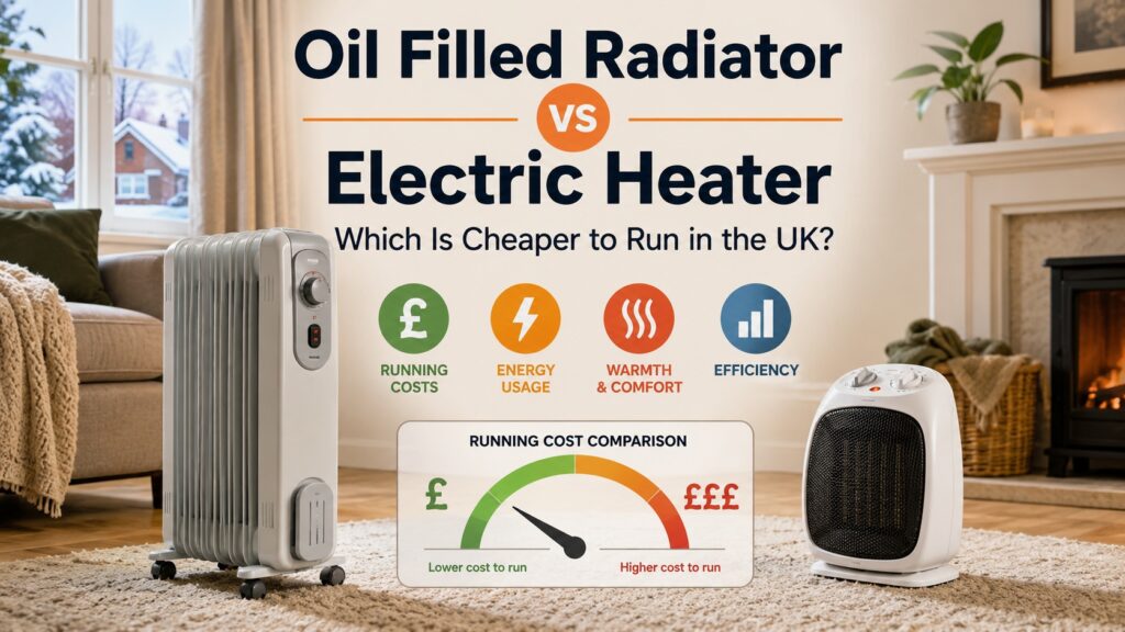 Oil filled radiator and electric heater comparison in a UK living room showing running costs, energy use and heating efficiency