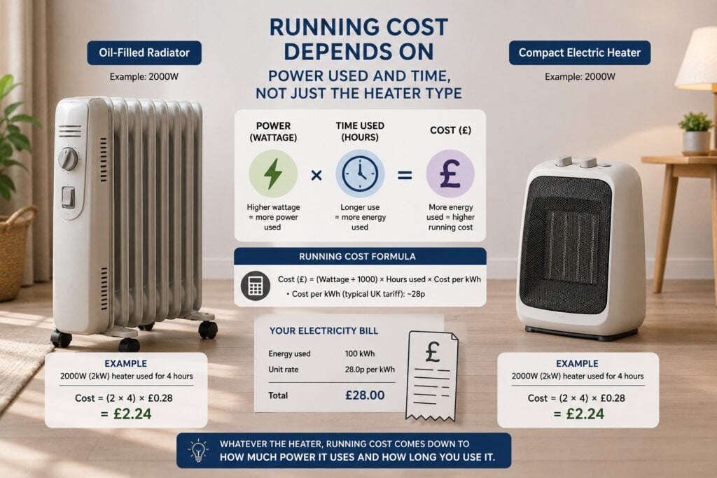 Oil filled radiator and electric heater running cost comparison showing wattage, usage time and electricity cost.