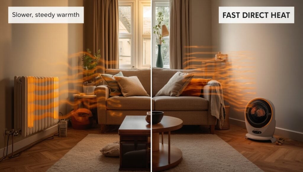 Oil filled radiator and electric heater showing steady warmth versus fast direct heat in a UK living room.