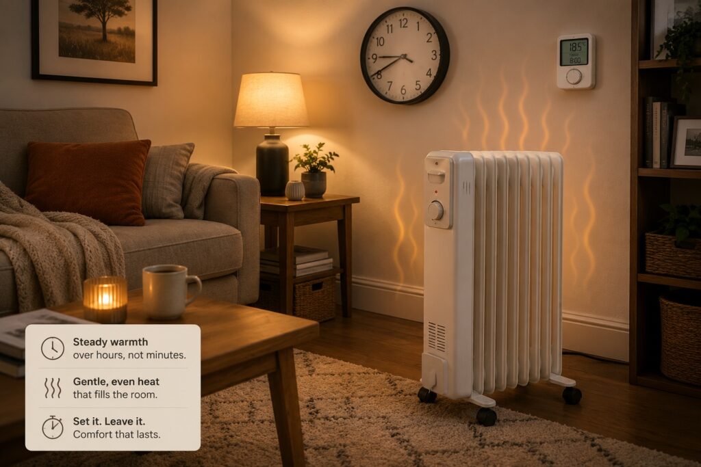 Oil filled radiator providing steady background heat in a cosy UK living room over a longer period.