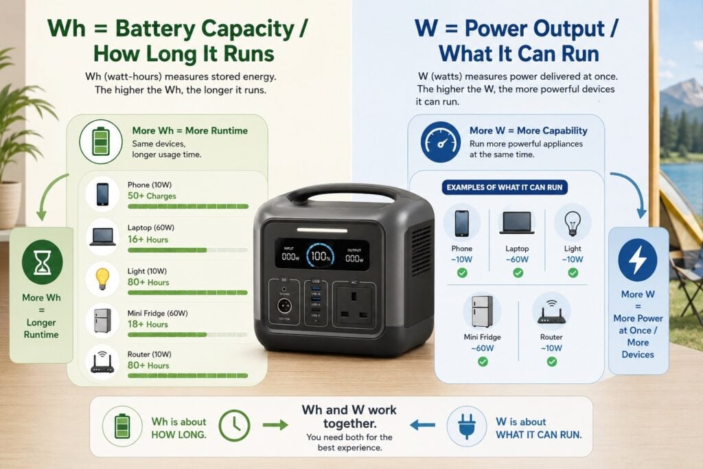 Portable power station infographic explaining watt-hours for battery capacity and watts for power output.