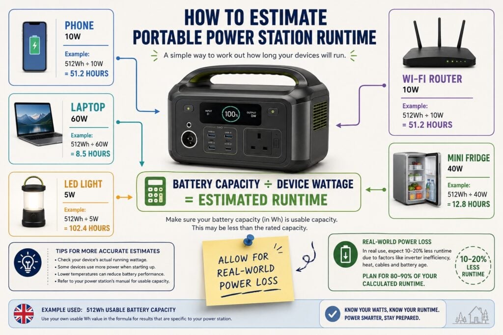 Portable power station runtime guide showing battery capacity, device wattage and estimated usage time.