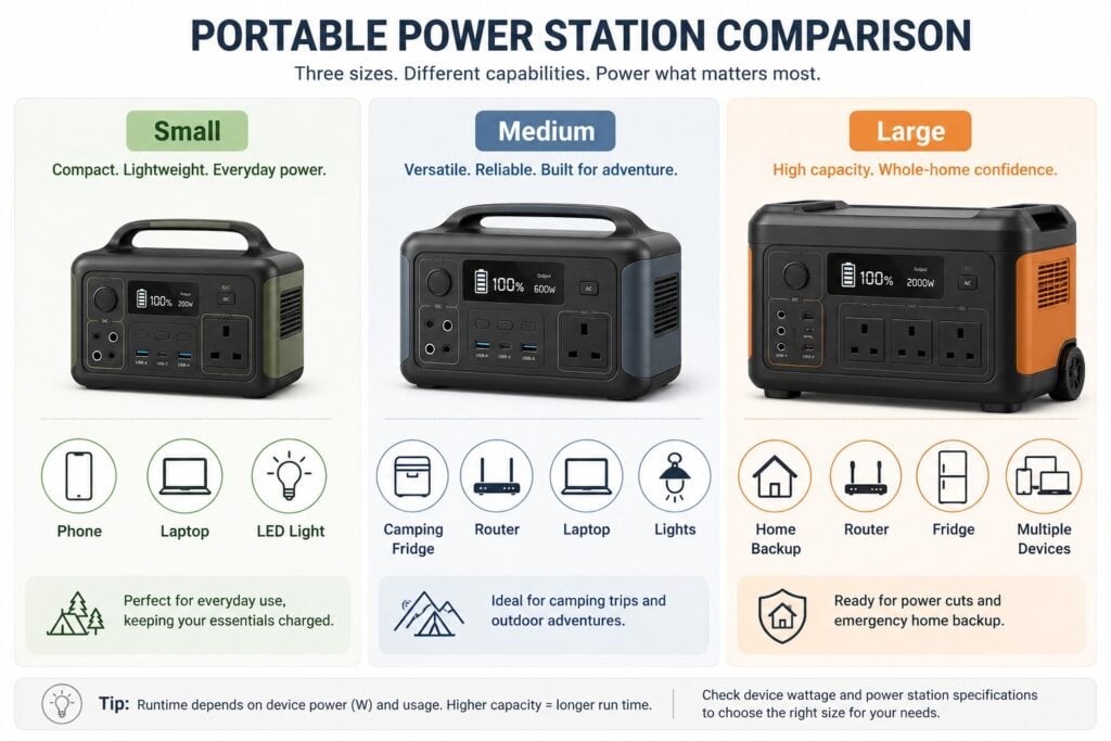 Portable power station size comparison showing small, medium and large units with devices they can typically run.