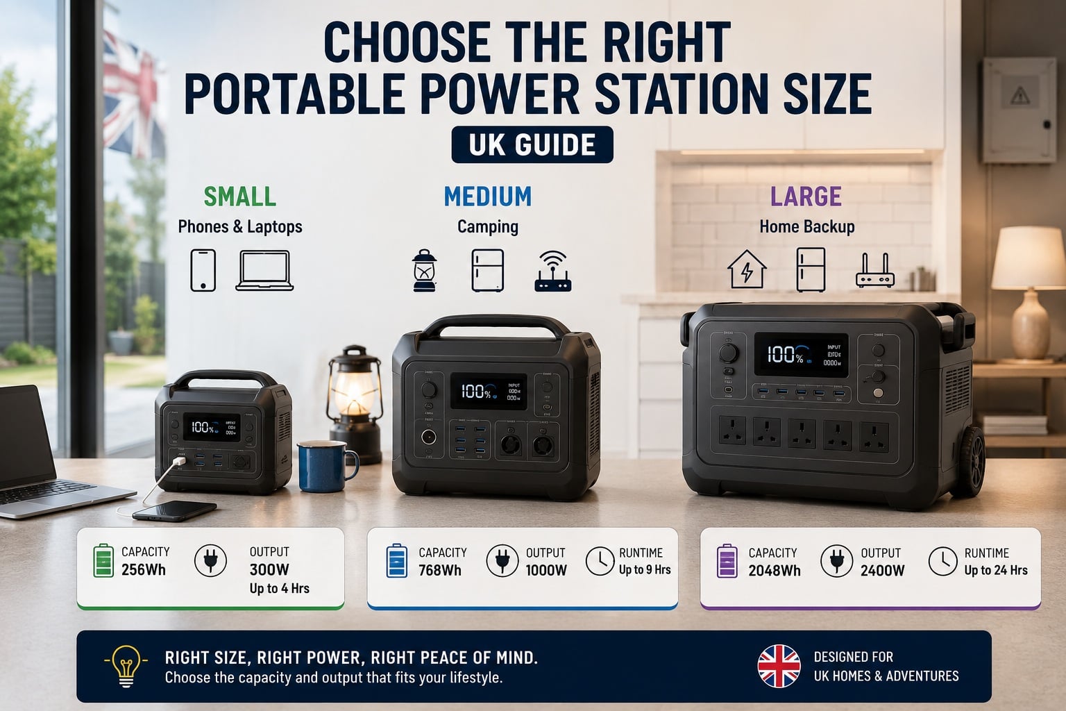 Portable power station size guide showing small, medium and large units for phones, laptops, camping and UK home backup use